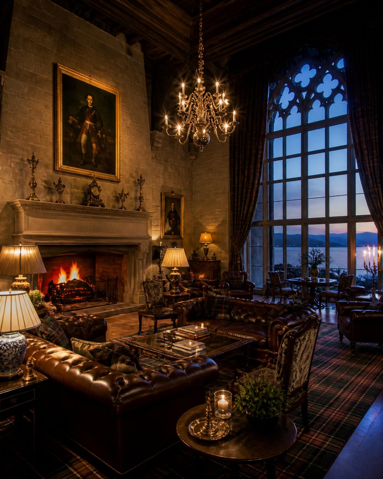 Castle drawing room, Highland loch beyond