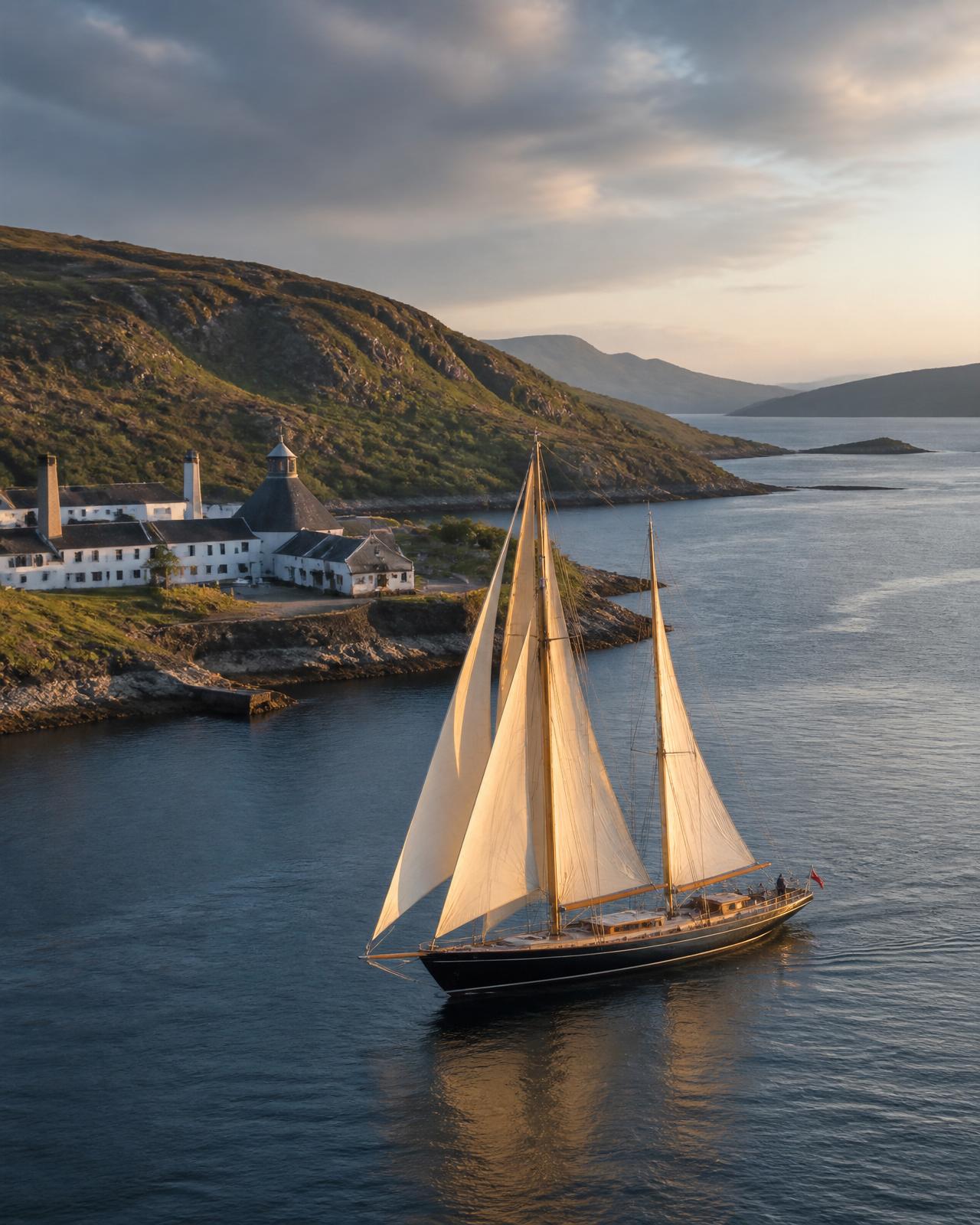 Luxury sailing clipper off a Scottish whisky distillery on the west coast