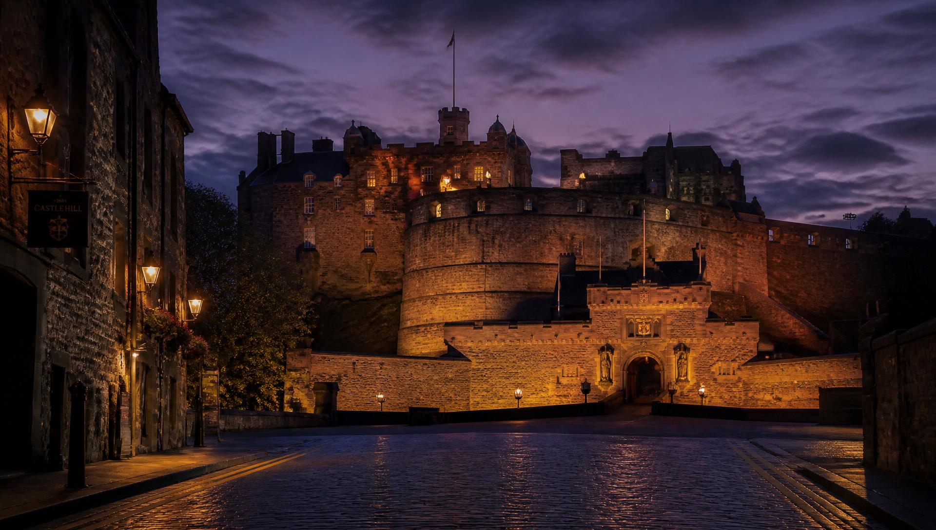 Edinburgh Castle at dusk from the Royal Mile