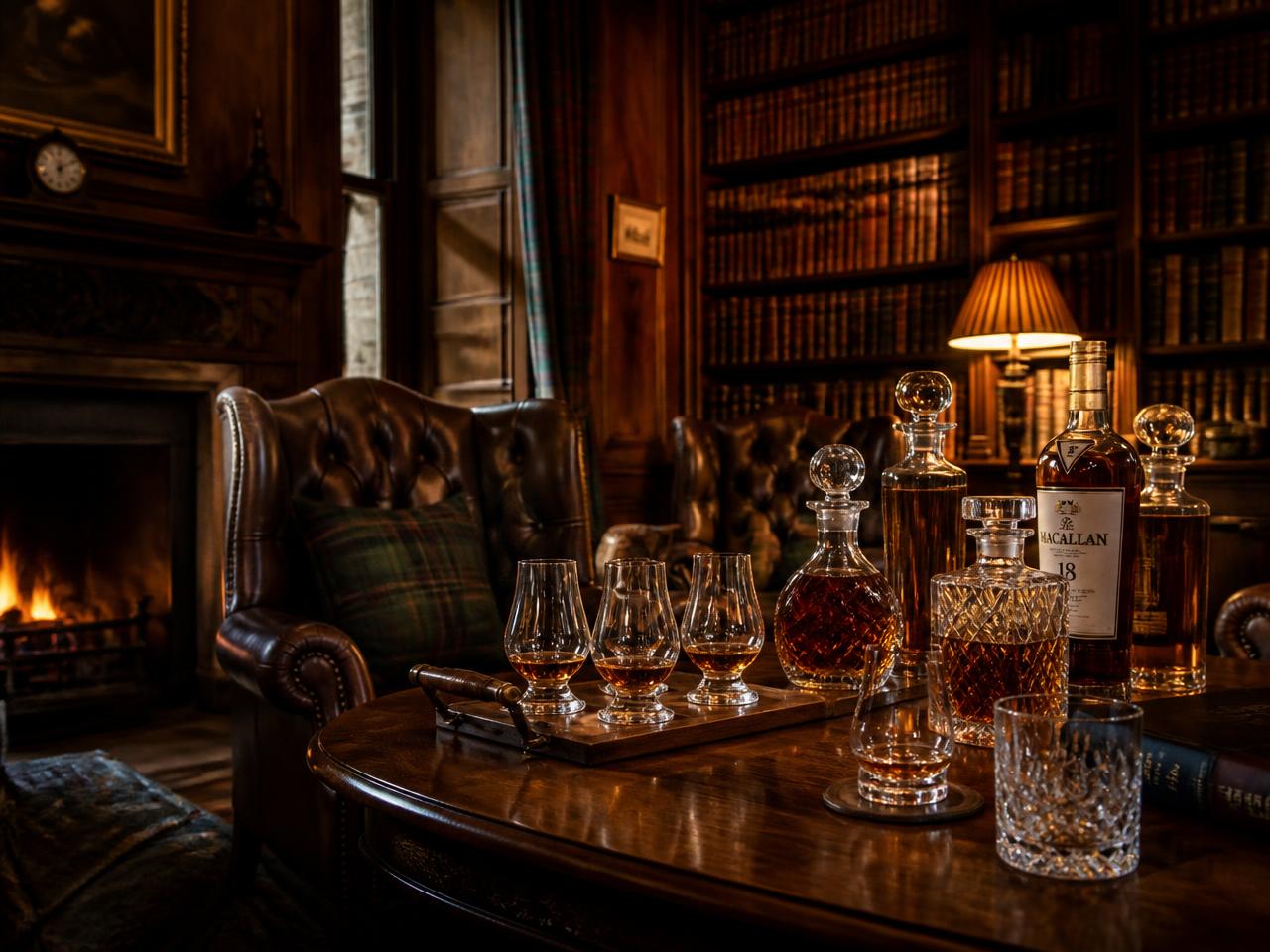 A private single-malt whisky tasting in a wood-panelled castle library