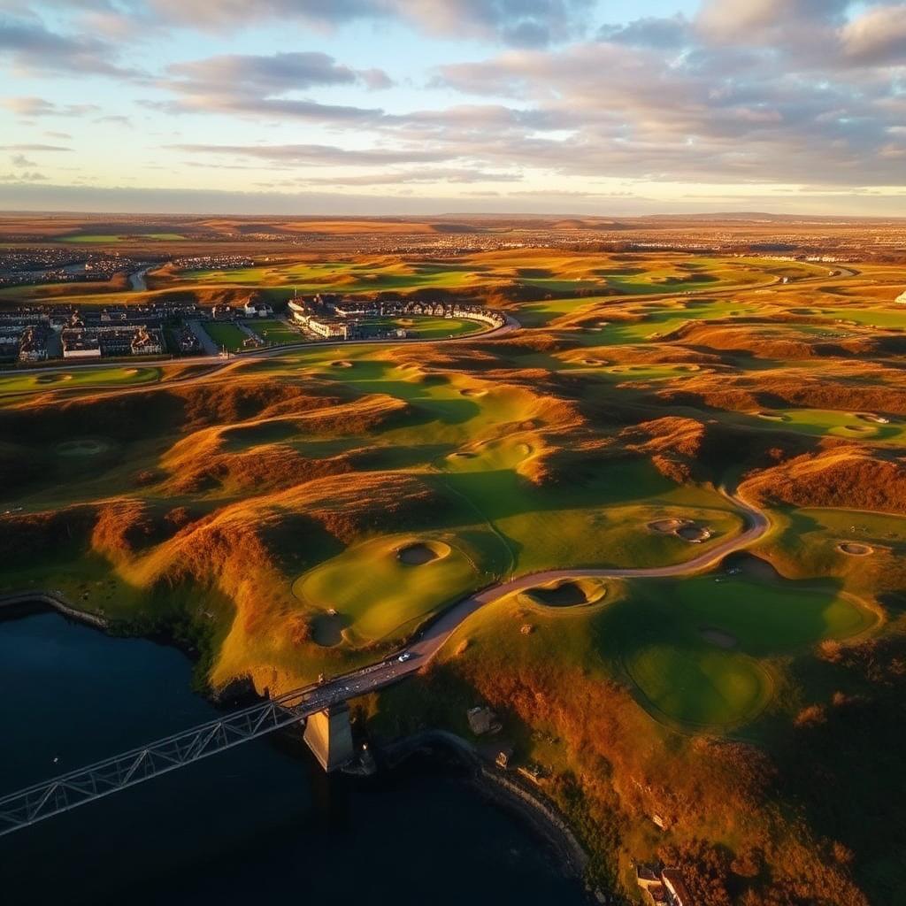 Aerial view of the St Andrews links coastline at dawn